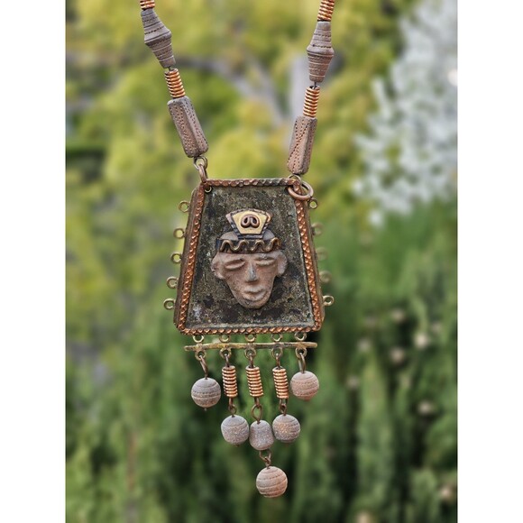 Vintage 1960s-70s Mexico Stamped Mixed Metal Necklace - Maya Ethnic Mask Pendant - Picture 9 of 12